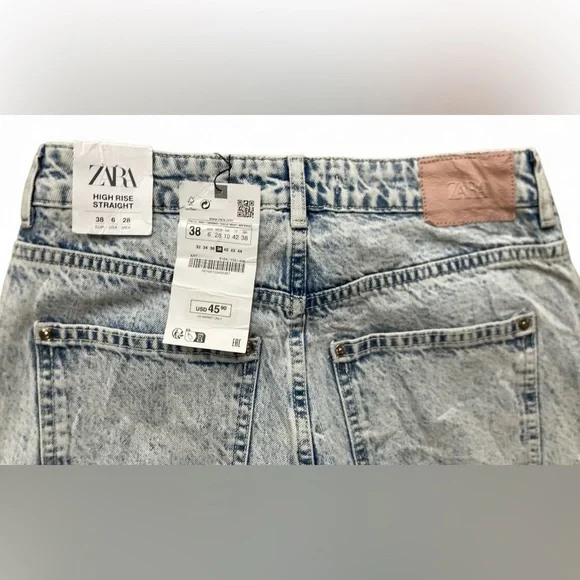 NWT ZARA Jeans Women Sz 6 High Rise Straight Leg Fringe Raw Hem Blue Denim Pants - Picture 3 of 9